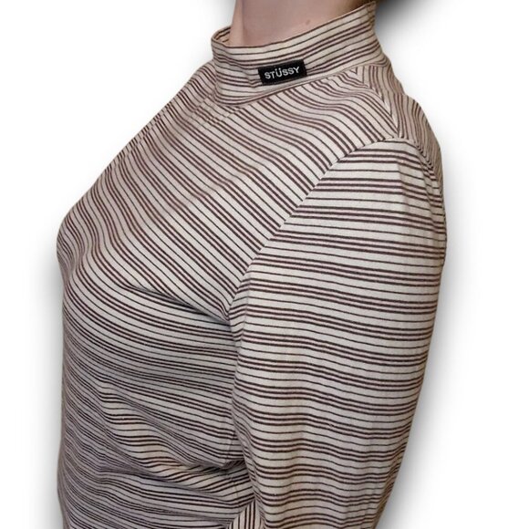 STUSSY Brown Striped Long Sleeve Turtleneck Tee - Picture 2 of 11